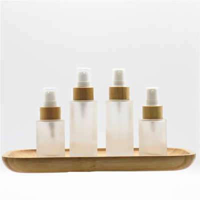 Shoulder Spray Cap 30ml 50ml 100ml 120ml 150ml Cosmetic Frosted Flat Bamboo Lid Frosted Spray Glass Bottle